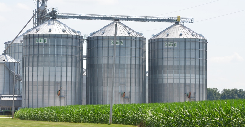 grain bins in a corn field
