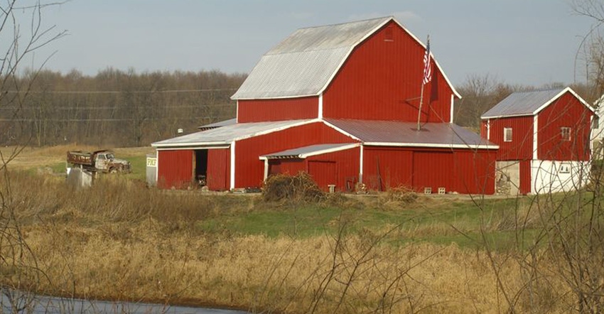 Red barn and farmland