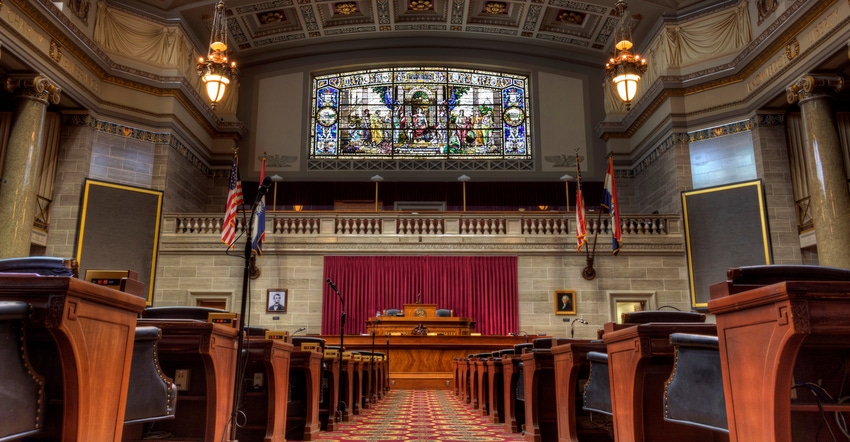 Missouri House of Representatives Chamber in the Missouri State Capitol Building located in Jefferson City, Missouri