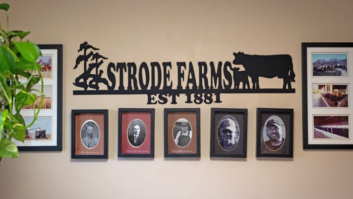 Strode Farms sign and photos on wall