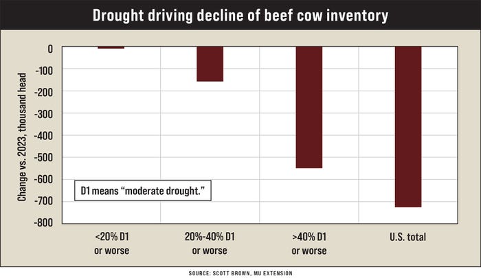 A bar graph showing drought driving decline of beef cow inventory