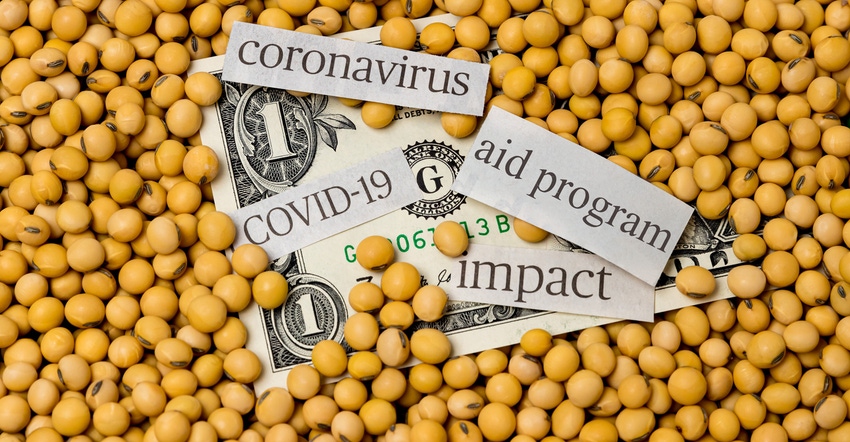 Newspaper clippings of COVID-19 headlines and a dollar bill laying in a pile of soybeans