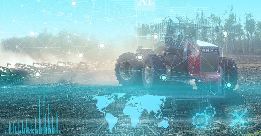 Geolocation and cloud technology overlay on a tractor in a field