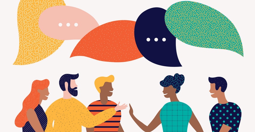 colorful, flat illustration of people talking with speech bubbles