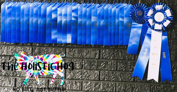 brick wall covered in blue ribbons