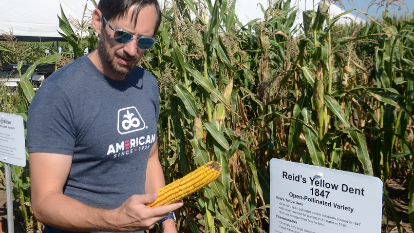 Mark Jeschke holds an ear of Reid’s yellow dent corn Feat Mark Jeschke holds an ear of Reid’s yellow dent corn Feat