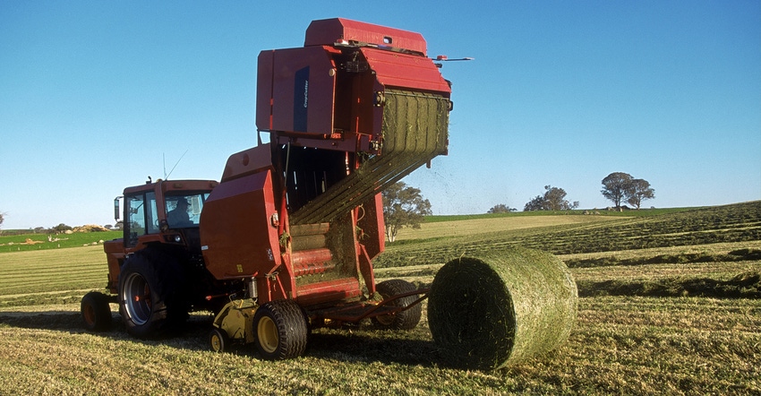 Baler in field baling hay