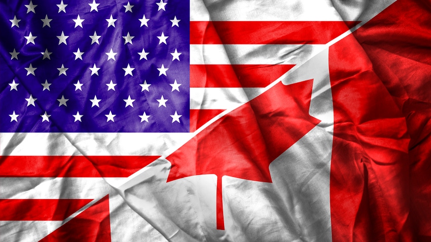 Canada and U.S. flags wrinkled Canada and U.S. flags wrinkled