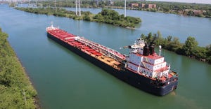 The St. Lawrence Seaway is a maritime passageway from the Great Lakes to the Atlantic Ocean. This is an aerial view of a ship
