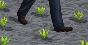 Graphic of feet walking across ground with patches of grass.