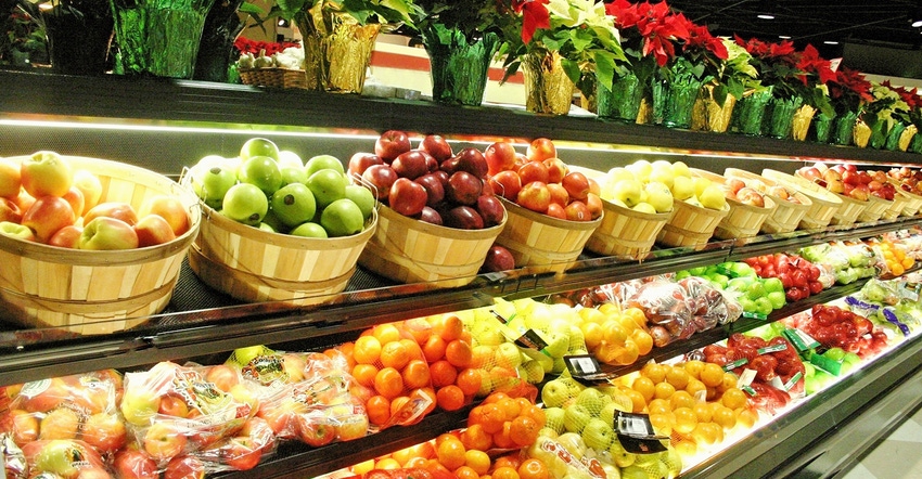 colorful variety of apples, oranges, poinsettia plants in store display