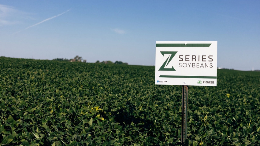 A soybean field with a Z Series sign
