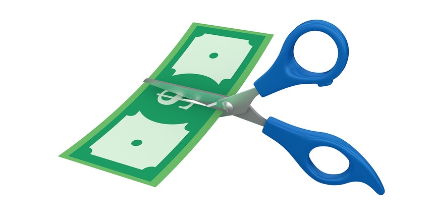 Scissors Cutting a Dollar Bill - White Background - 3D Rendering