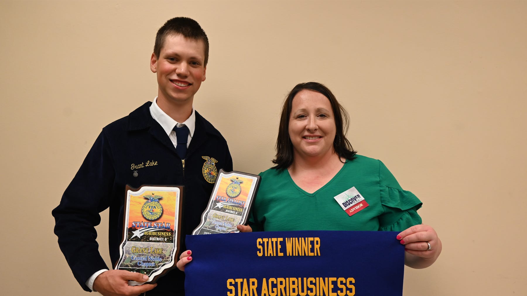 Grant Lake pictured with Central Noble FFA Advisor Jamie Earnhart