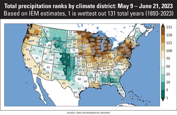 Iowa Environmental Mesonet map outlines 2023 precipitation from May 9 to June 21 compared to the same period over the past 131 years