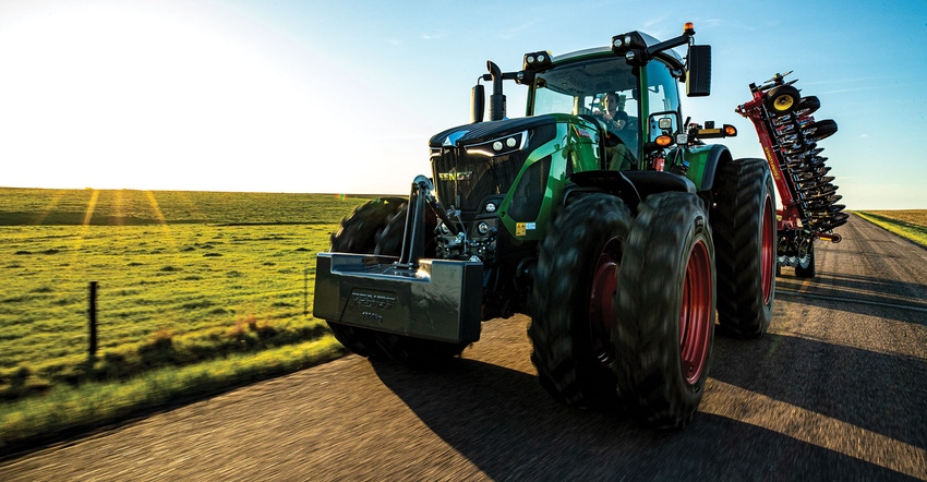 Close up of a new Fendt 900 series tractor on the road