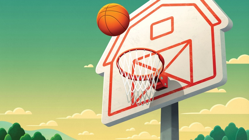 Illustration with basketball going into hoop. Backboard is shaped like a barn.