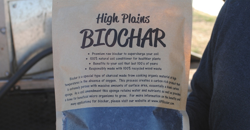 A small bag containing a sample of the type of biochar used in Nebraska cattle feeding studies