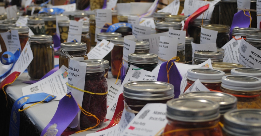 Canned goods with ribbons at Nebraska State Fair