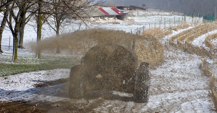 Manure is spread on a snow-covered field Manure is spread on a snow-covered field