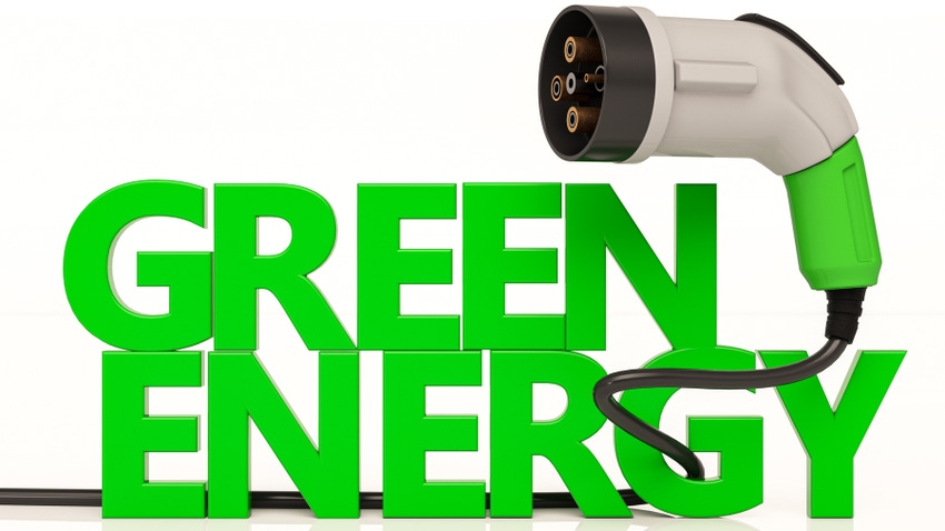 Electric vehicle plug plus words "green energy"