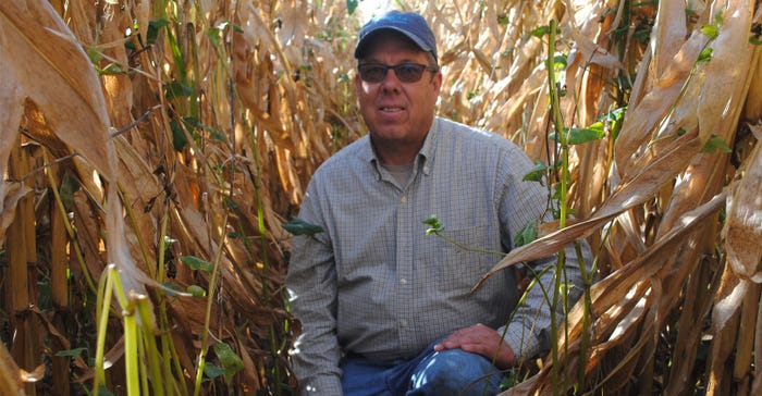 Scott Heinemann kneels in his 40-inch row corn field Scott Heinemann kneels in his 40-inch row corn field