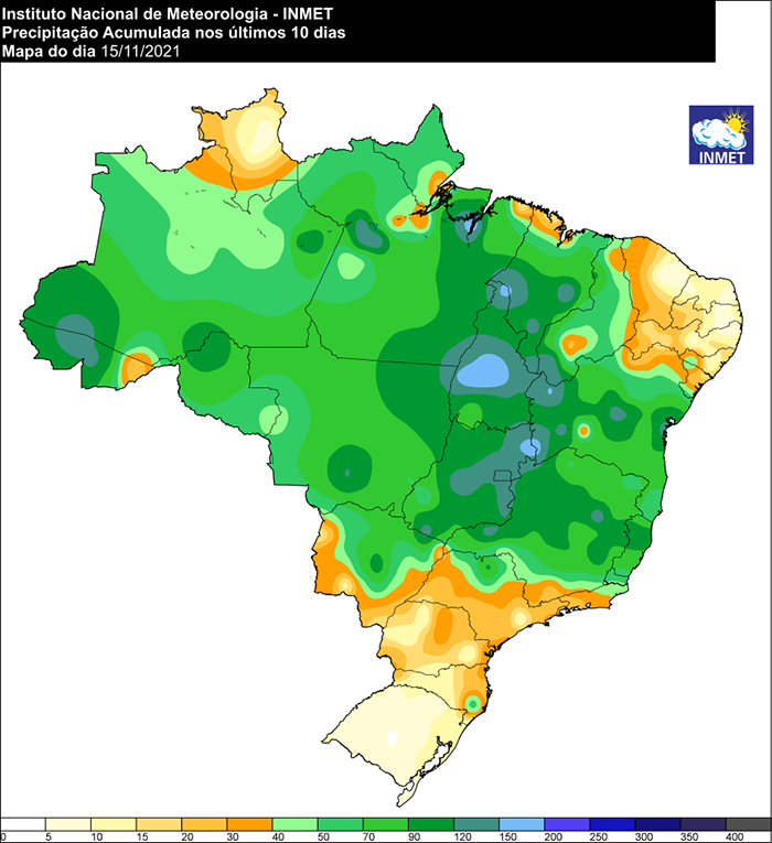 Color map of precipitation in Brazil in the last 10 days