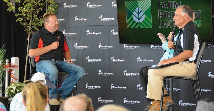 Matt Jungmann and Max Armstrong on stage in the Hospitality Building at the 2019 Farm Progress Show