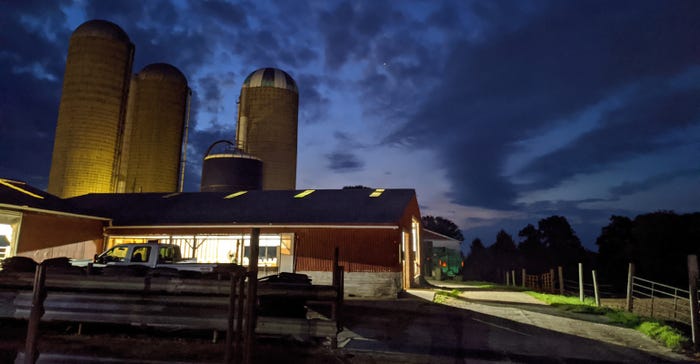 exterior view of Crandall Dairy Farm at night