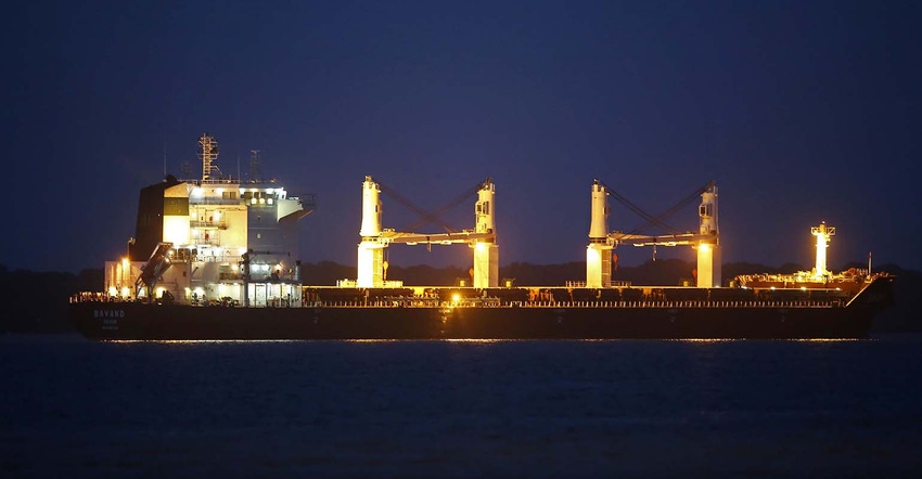 Iranian ship Bavand, loaded with 48,000 tons of corn, is anchored in the port of Paranagua, Brazil.