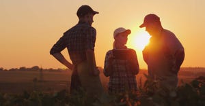 Farmers talking in field at sunset