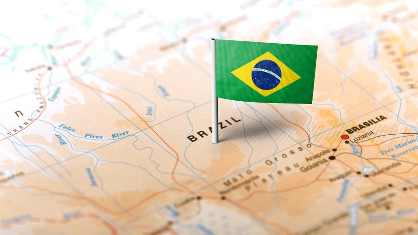 The flag of Brazil pinned on the map The flag of Brazil pinned on the map