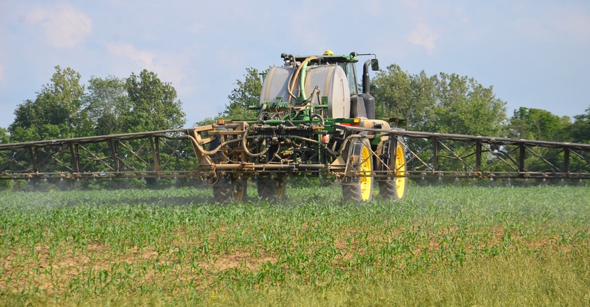 sprayer applying herbicide treatment to cornfield