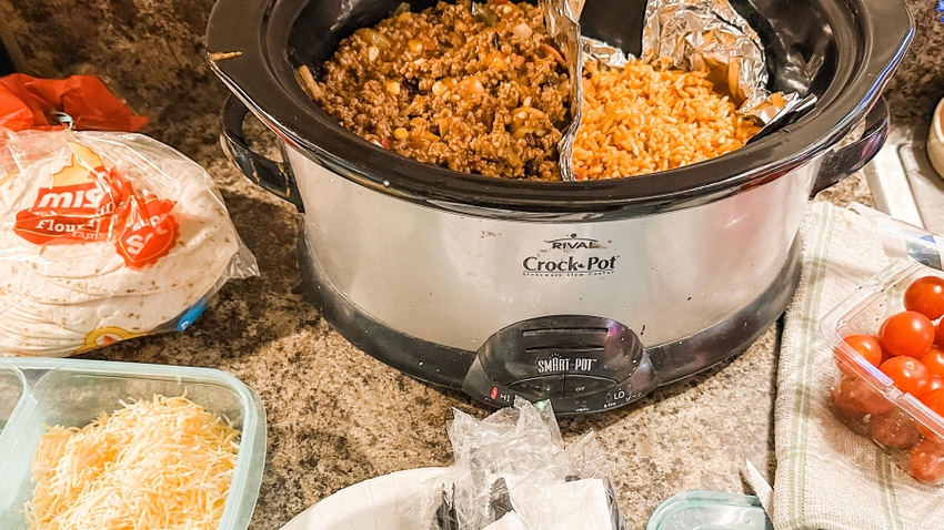 Crock Pot taco dinner ready to eat on the kitchen counter