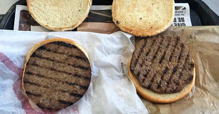 two burger patties side-by-side