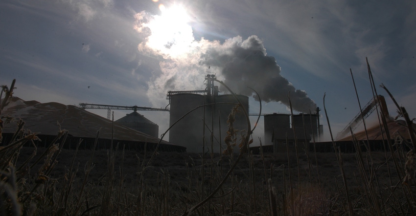 Steam rises from an ethanol plant
