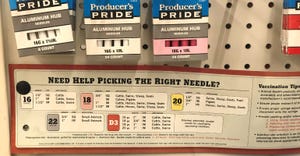 sign showing how to pick right needle gauge for vaccinating beef cattle