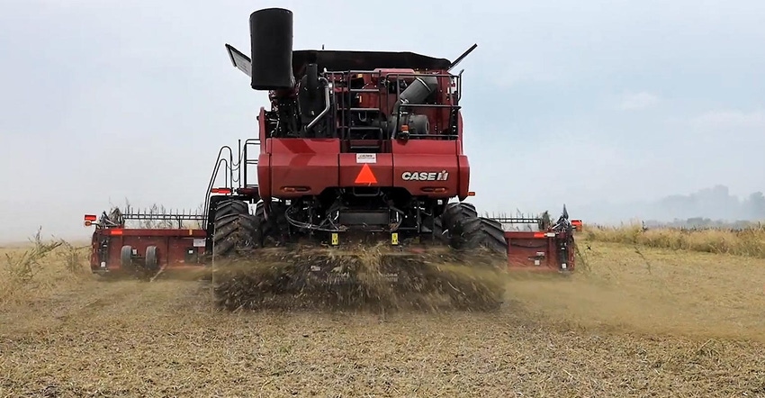 A seed terminator on a combine at work during soybean harvest