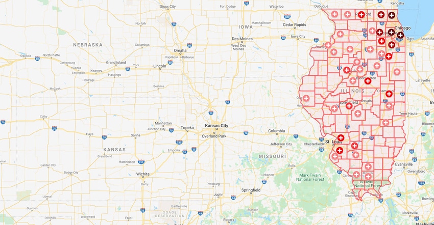 An interactive map updated on March 27 shows hundreds of COVID-19 cases in the state of Illinois