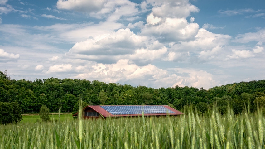 Solar panels on a red barn in a rye field