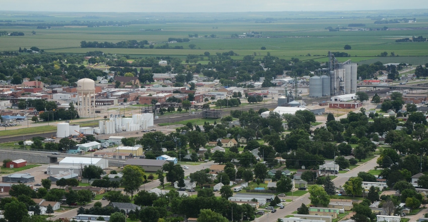 aeriel view of farmland and rural town in nebraska