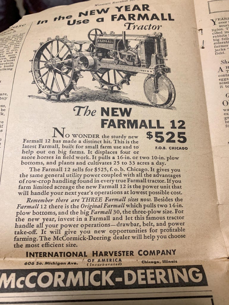 An advertisement for tractor on sale in a 1933 publication