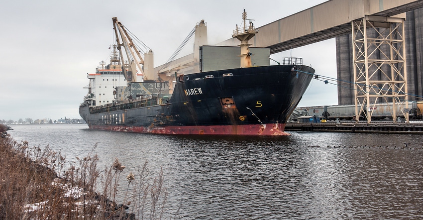 Grain is loaded on the Polsteam Narew at Riverland Ag in Duluth