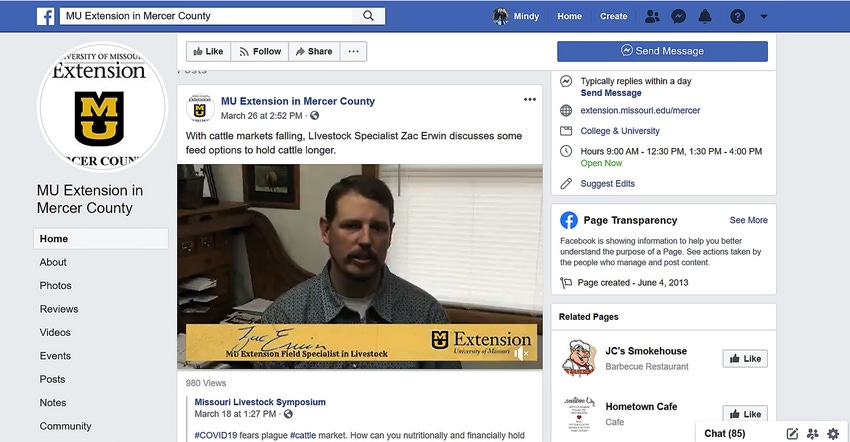 Screenshot of University of Missouri Extension facebook page with an explanatory video of livestock specialist Zac Erwin to b