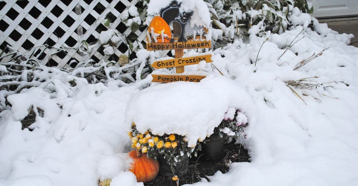 Halloween decorations covered with snow