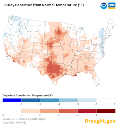 Map of 30 day U.S. temperatures compared to usual