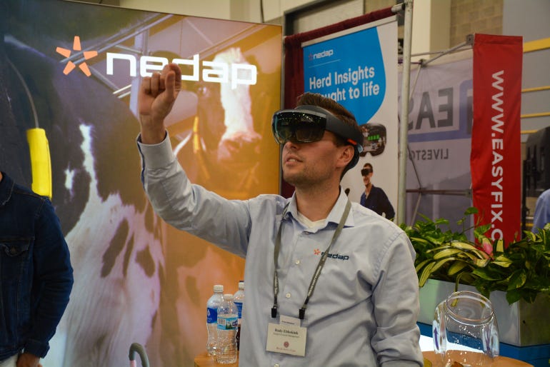 Rudy Ebbekink demonstrates Nedap’s dairy augmented reality system using Microsoft Hololens goggles