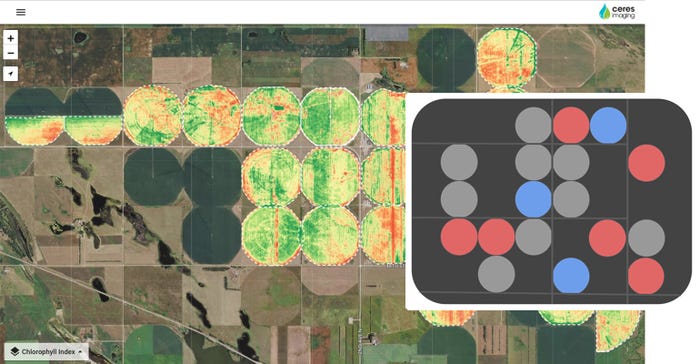 image of pivot irrigation fields with inset color-coding problem areas