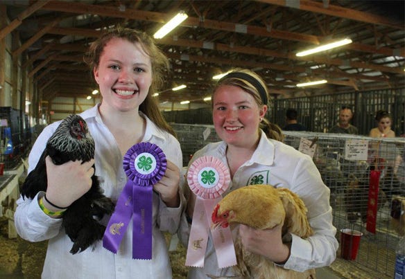 Sarah McNaughton and Kendall Edmonds holding chickens and blue ribbon