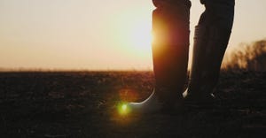 Close-up legs of male farmer in rubber boots walking through cultivated agricultural field in the rays of the sun at sunset.